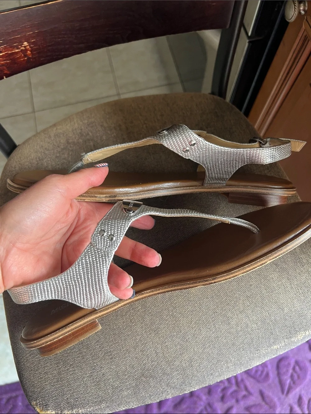 Michael Kors Silver Metallic Thong Sandals with Brown Footbed